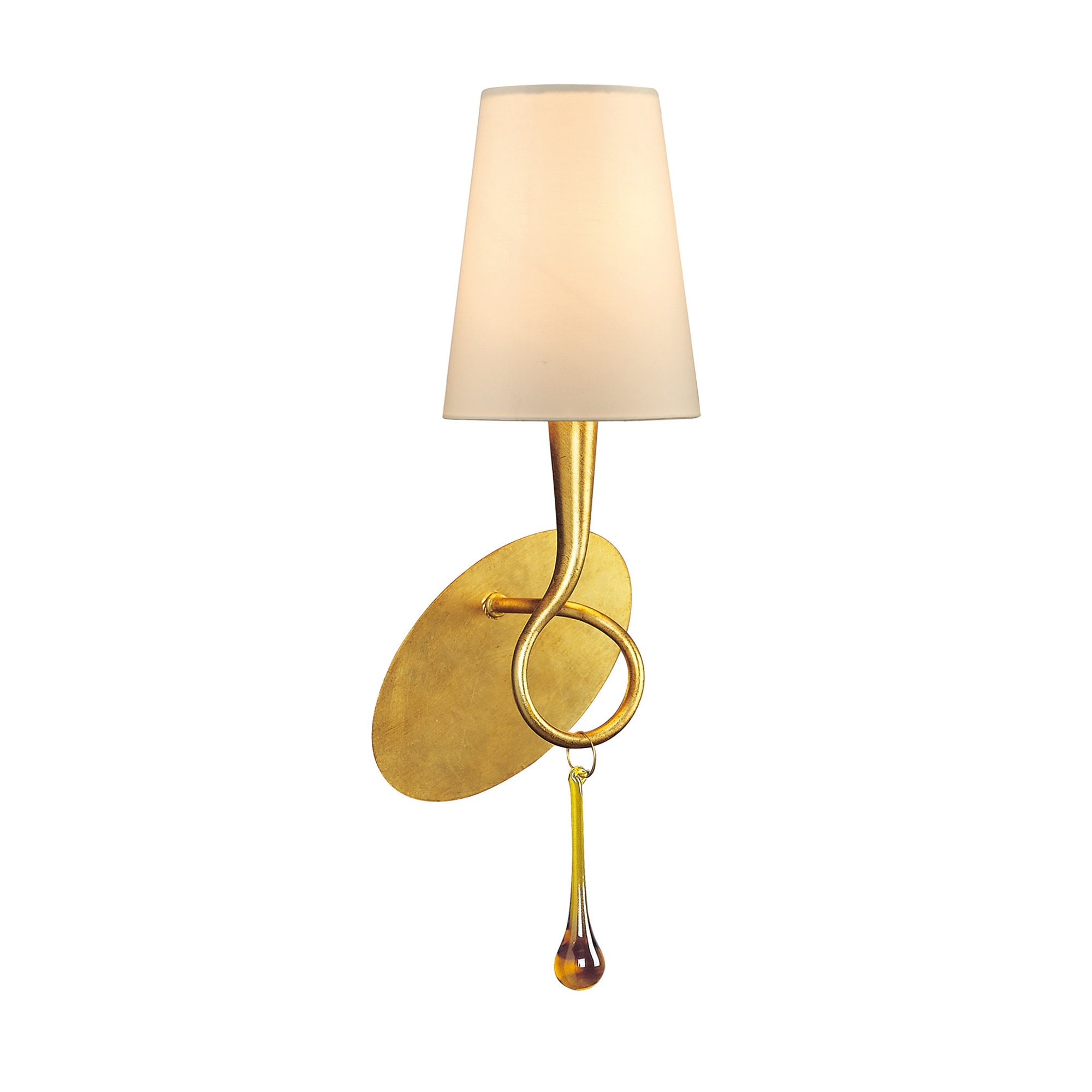 M0548 Paola Wall Lamp 1 Light E14 Gold Painted Cream Shade & Amber Glass Droplets