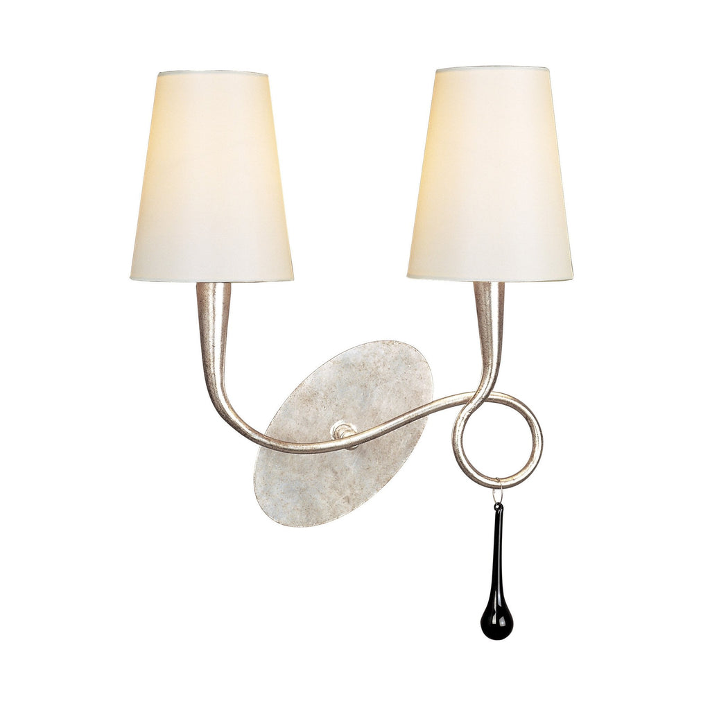 M0537/CS Paola Wall Lamp 2 Light E14 Silver Painted Cream Shades & Black Glass Droplets