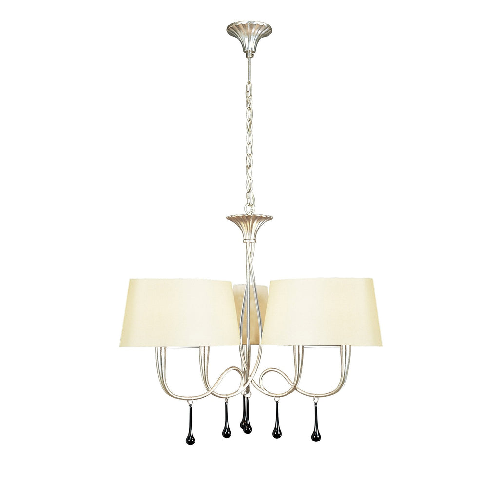 M0530/CS Paola Pendant 3 Arm 6 Light E14 Silver Painted Cream Shades & Black Glass Droplets