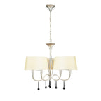 M0530/CS Paola Pendant 3 Arm 6 Light E14 Silver Painted Cream Shades & Black Glass Droplets