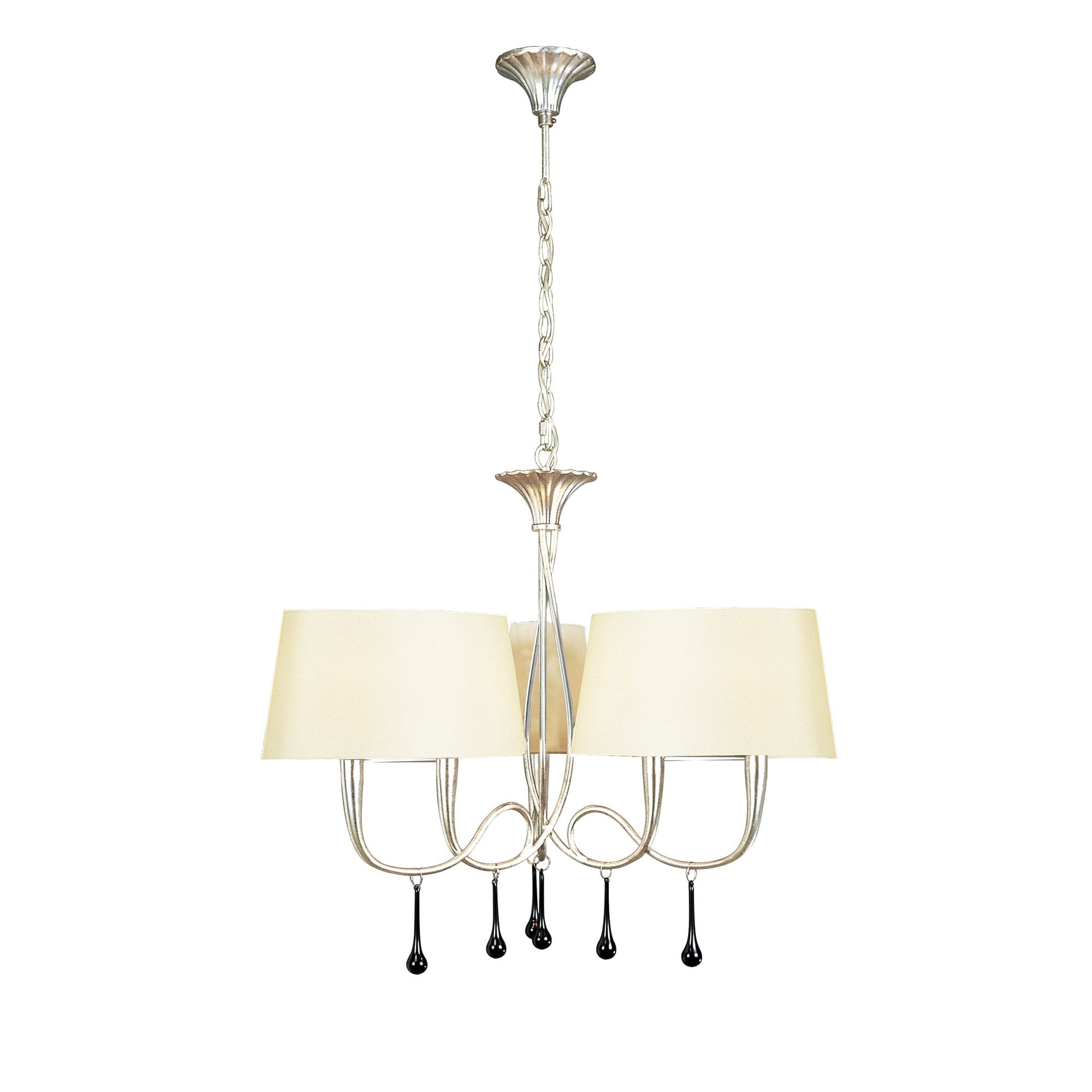 M0530/CS Paola Pendant 3 Arm 6 Light E14 Silver Painted Cream Shades & Black Glass Droplets