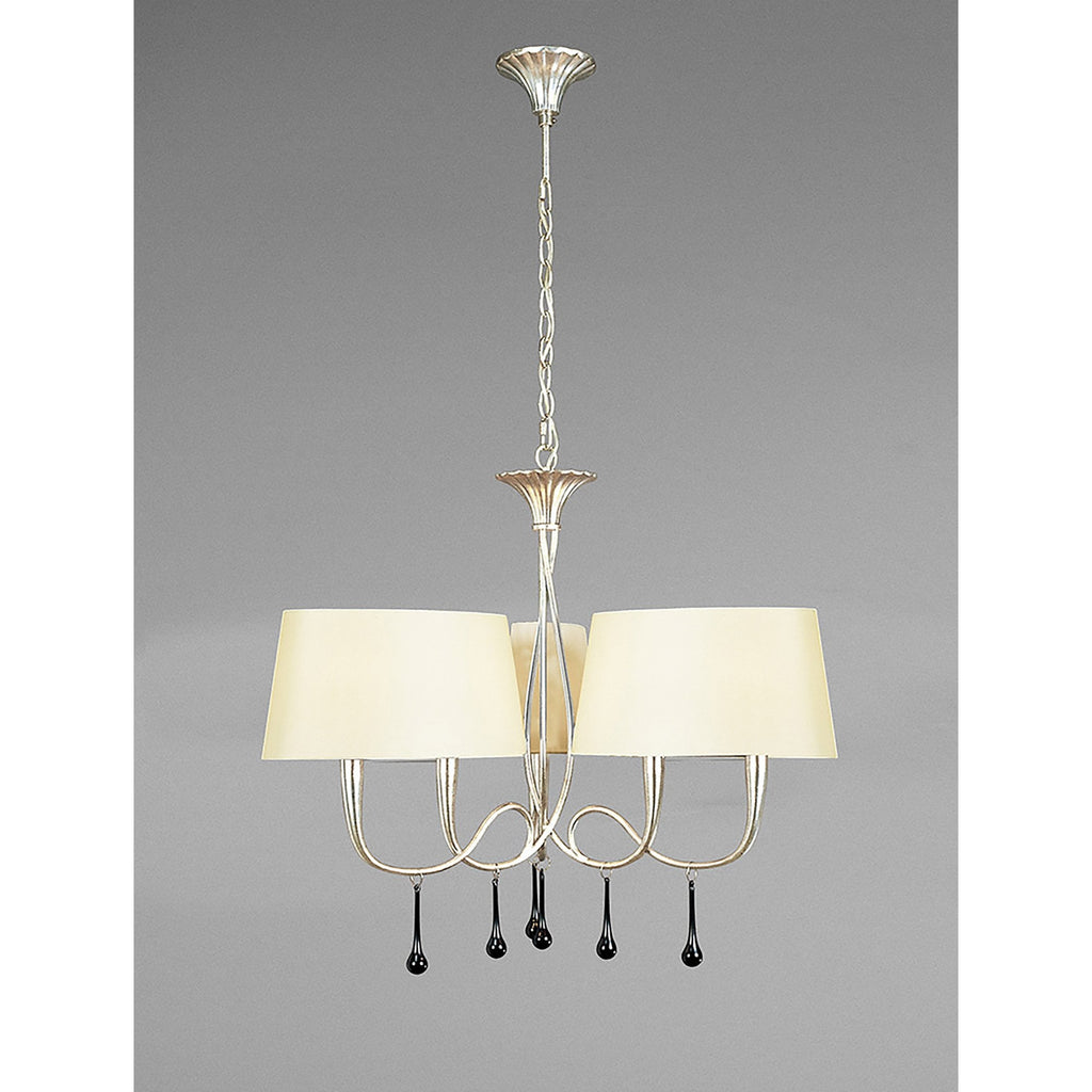 M0530/CS Paola Pendant 3 Arm 6 Light E14 Silver Painted Cream Shades & Black Glass Droplets