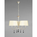 M0530/CS Paola Pendant 3 Arm 6 Light E14 Silver Painted Cream Shades & Black Glass Droplets