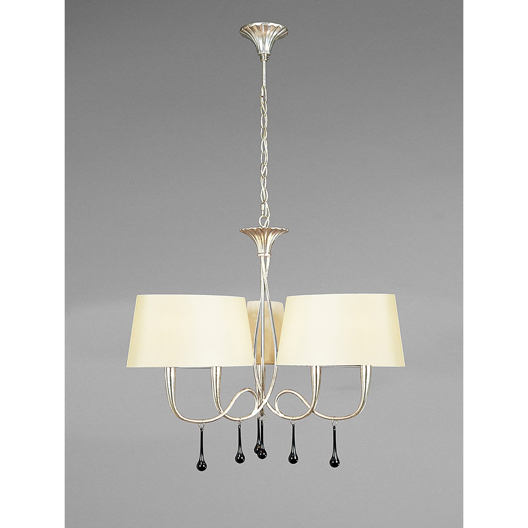 M0530/CS Paola Pendant 3 Arm 6 Light E14 Silver Painted Cream Shades & Black Glass Droplets