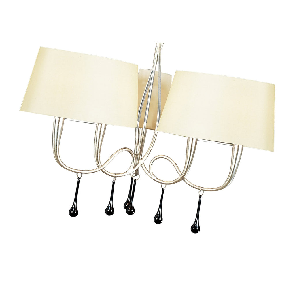 M0530/CS Paola Pendant 3 Arm 6 Light E14 Silver Painted Cream Shades & Black Glass Droplets