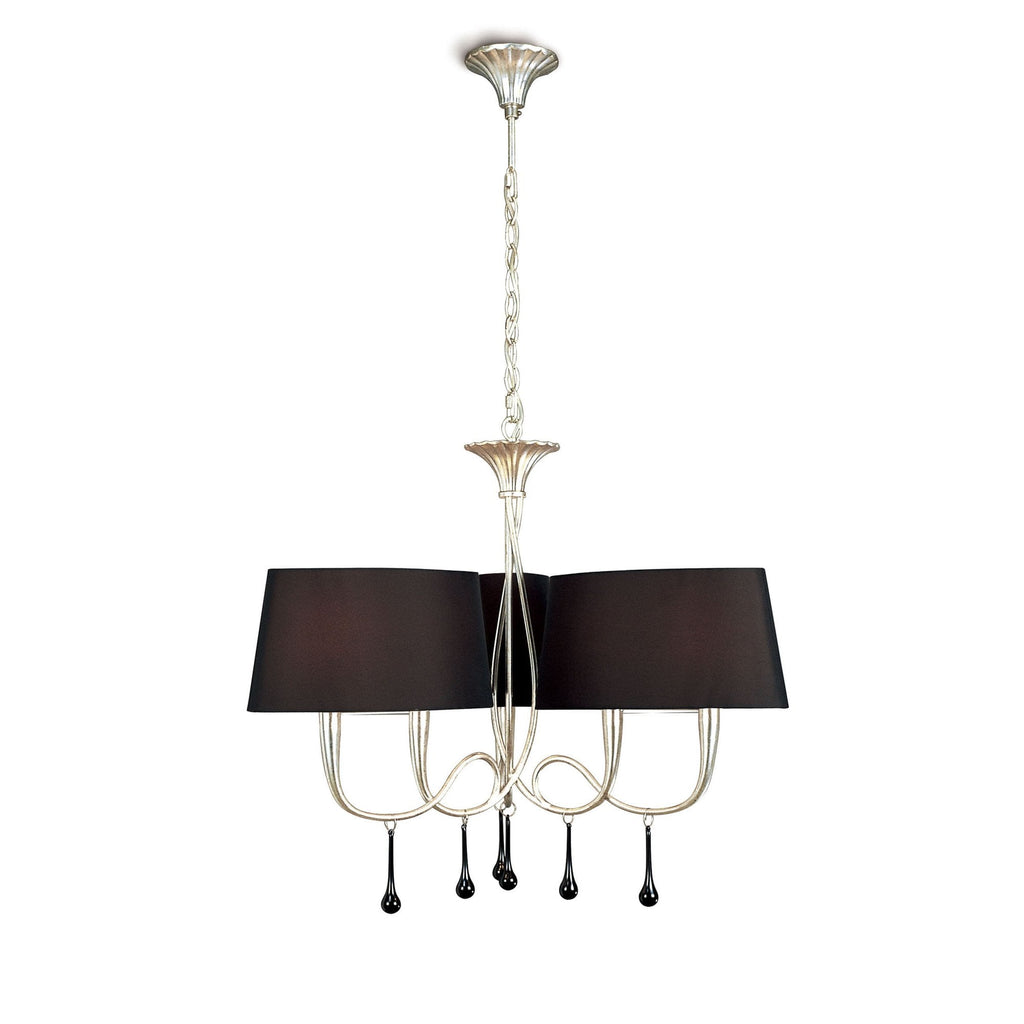 M0530 Paola Pendant 3 Arm 6 Light E14 Silver Painted Black Shades & Black Glass Droplets