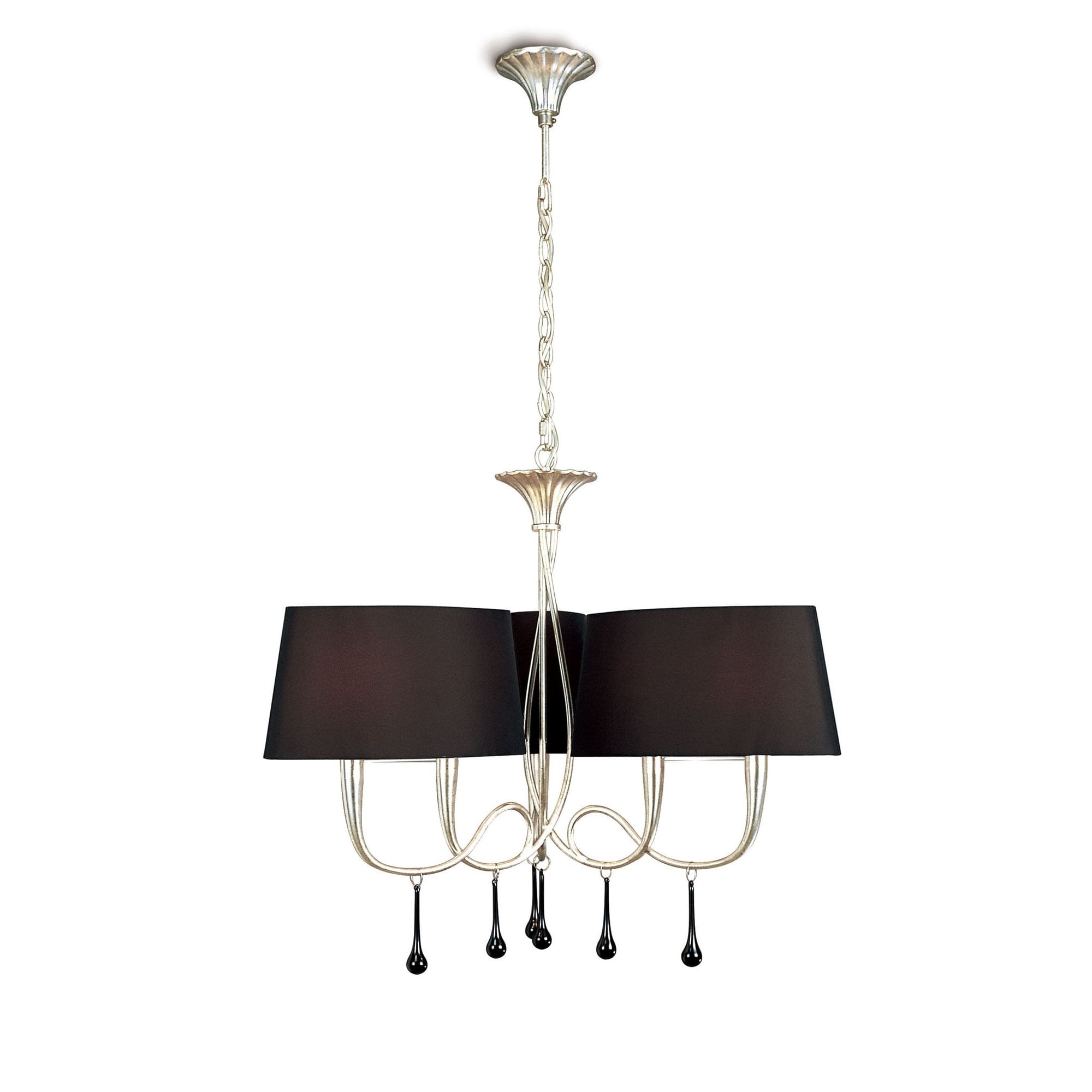 M0530 Paola Pendant 3 Arm 6 Light E14 Silver Painted Black Shades & Black Glass Droplets