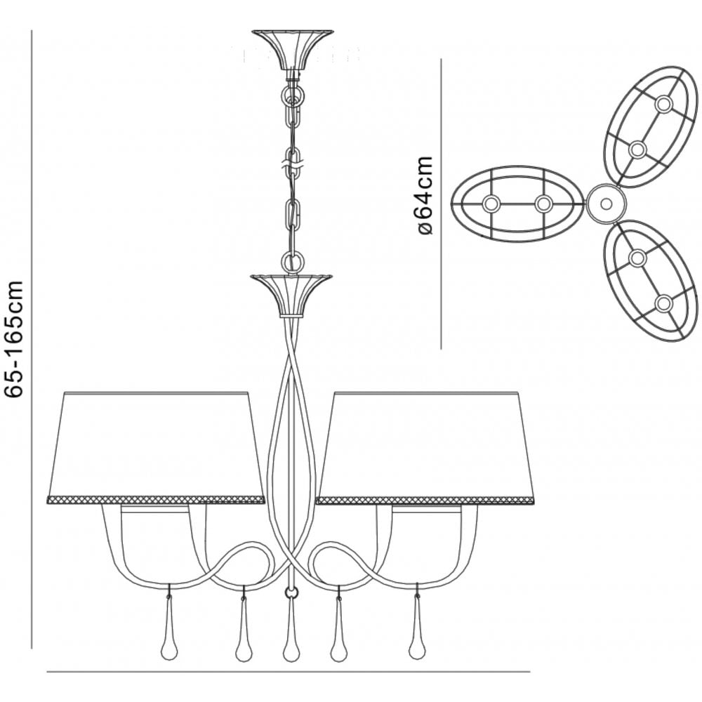 M0530 Paola Pendant 3 Arm 6 Light E14 Silver Painted Black Shades & Black Glass Droplets