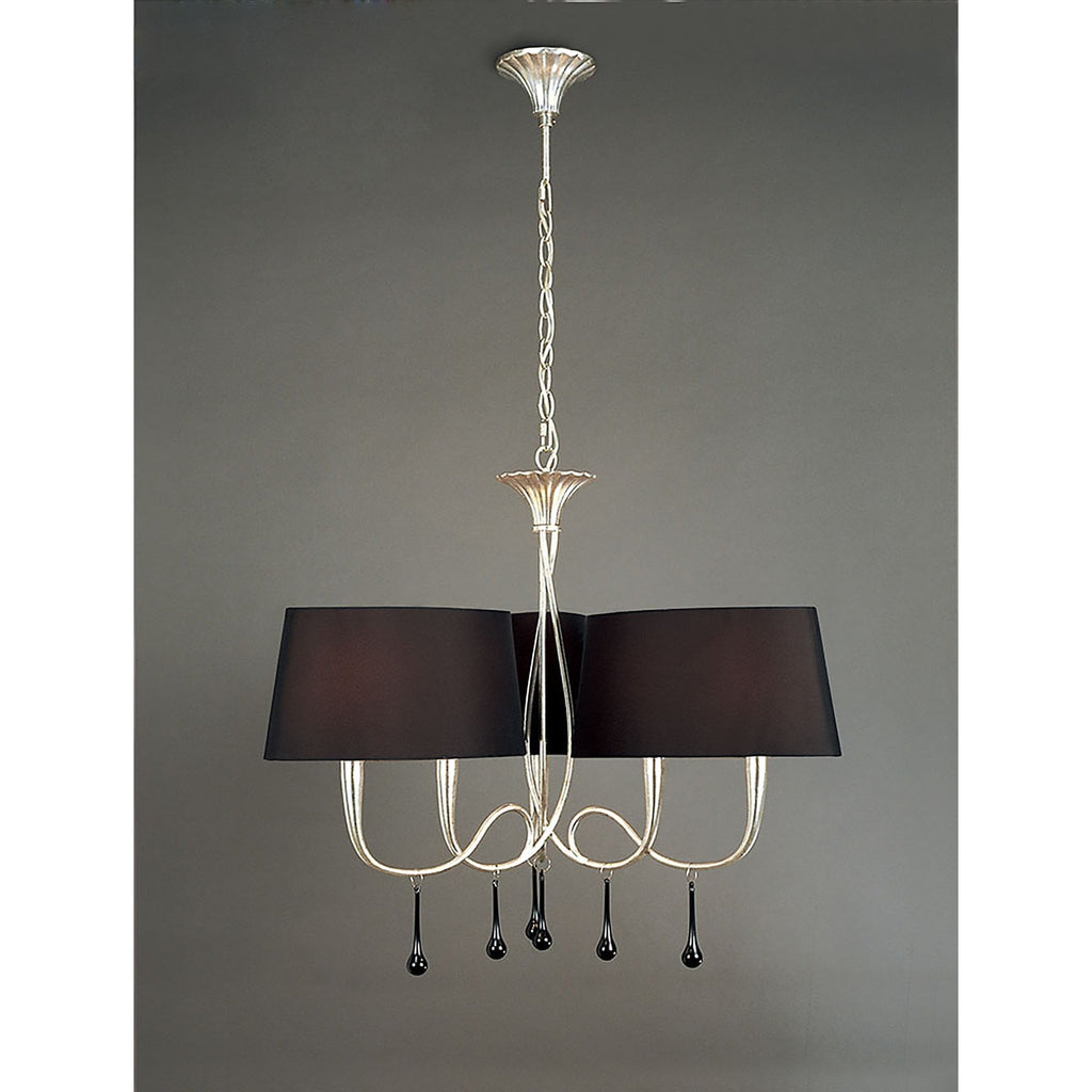 M0530 Paola Pendant 3 Arm 6 Light E14 Silver Painted Black Shades & Black Glass Droplets