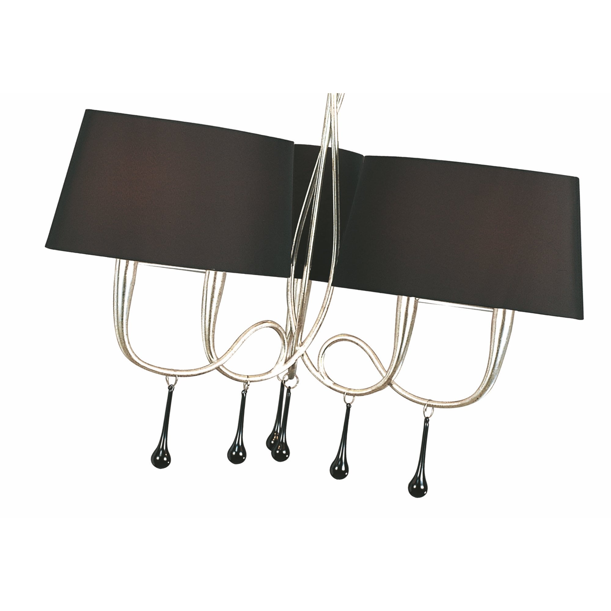 M0530 Paola Pendant 3 Arm 6 Light E14 Silver Painted Black Shades & Black Glass Droplets