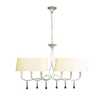 M0531/CS Paola Linear Pendant 2 Arm 6 Light E14 Silver Painted Cream Shades & Black Glass Droplets