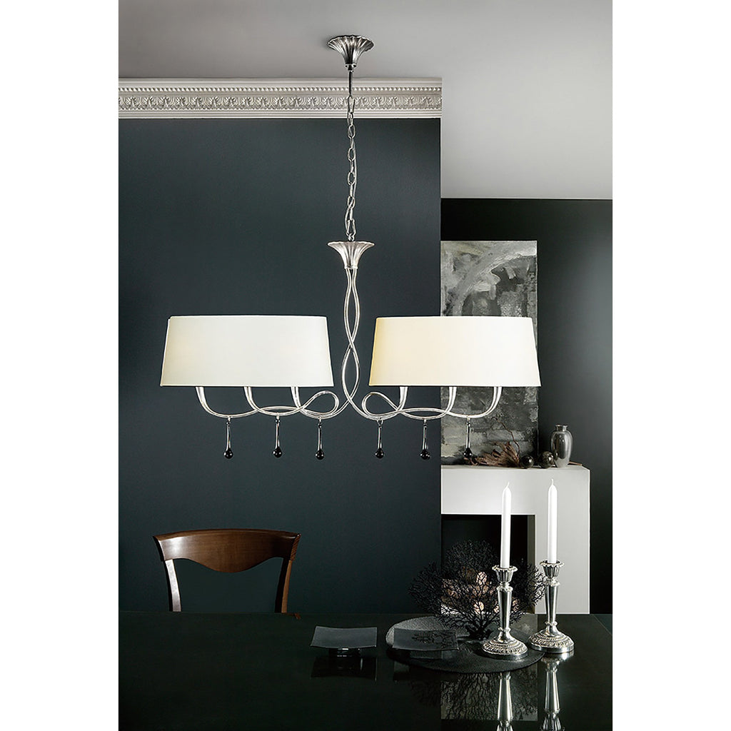 M0531/CS Paola Linear Pendant 2 Arm 6 Light E14 Silver Painted Cream Shades & Black Glass Droplets