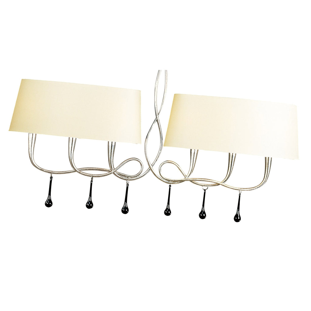 M0531/CS Paola Linear Pendant 2 Arm 6 Light E14 Silver Painted Cream Shades & Black Glass Droplets