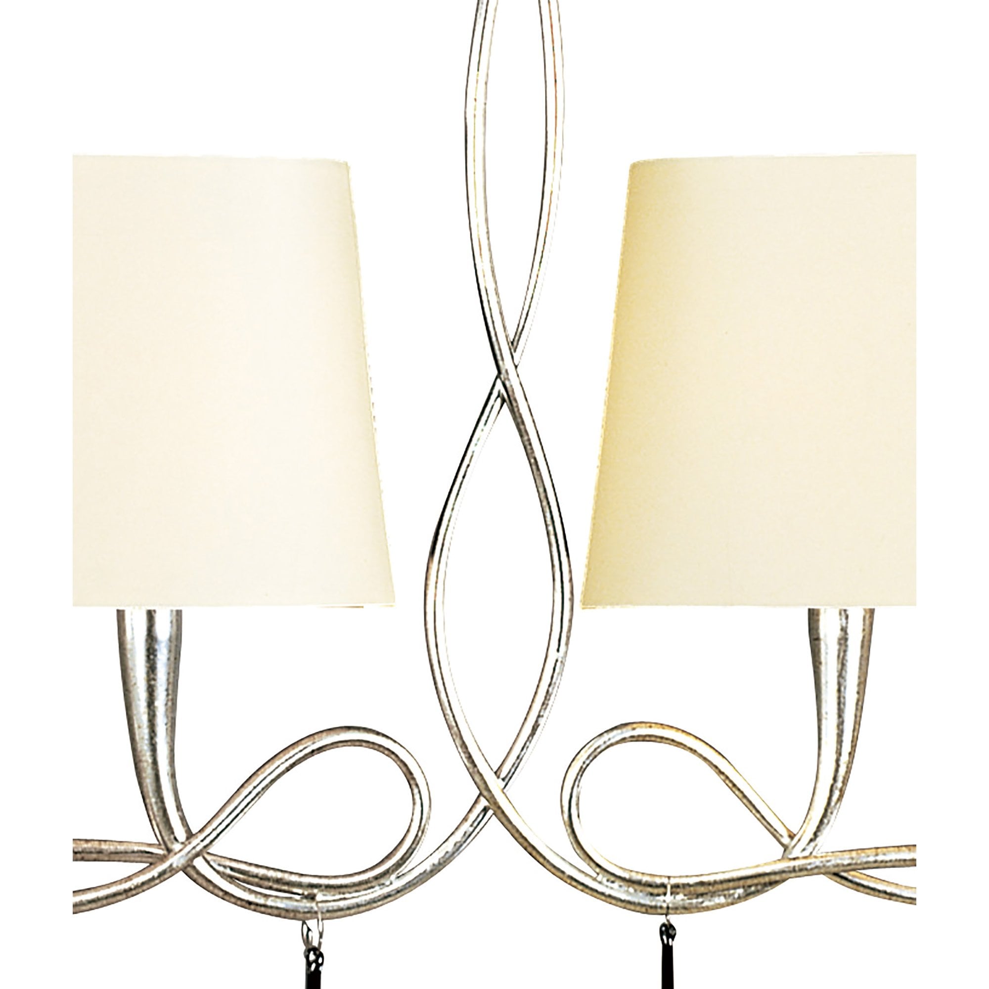 M0531/CS Paola Linear Pendant 2 Arm 6 Light E14 Silver Painted Cream Shades & Black Glass Droplets