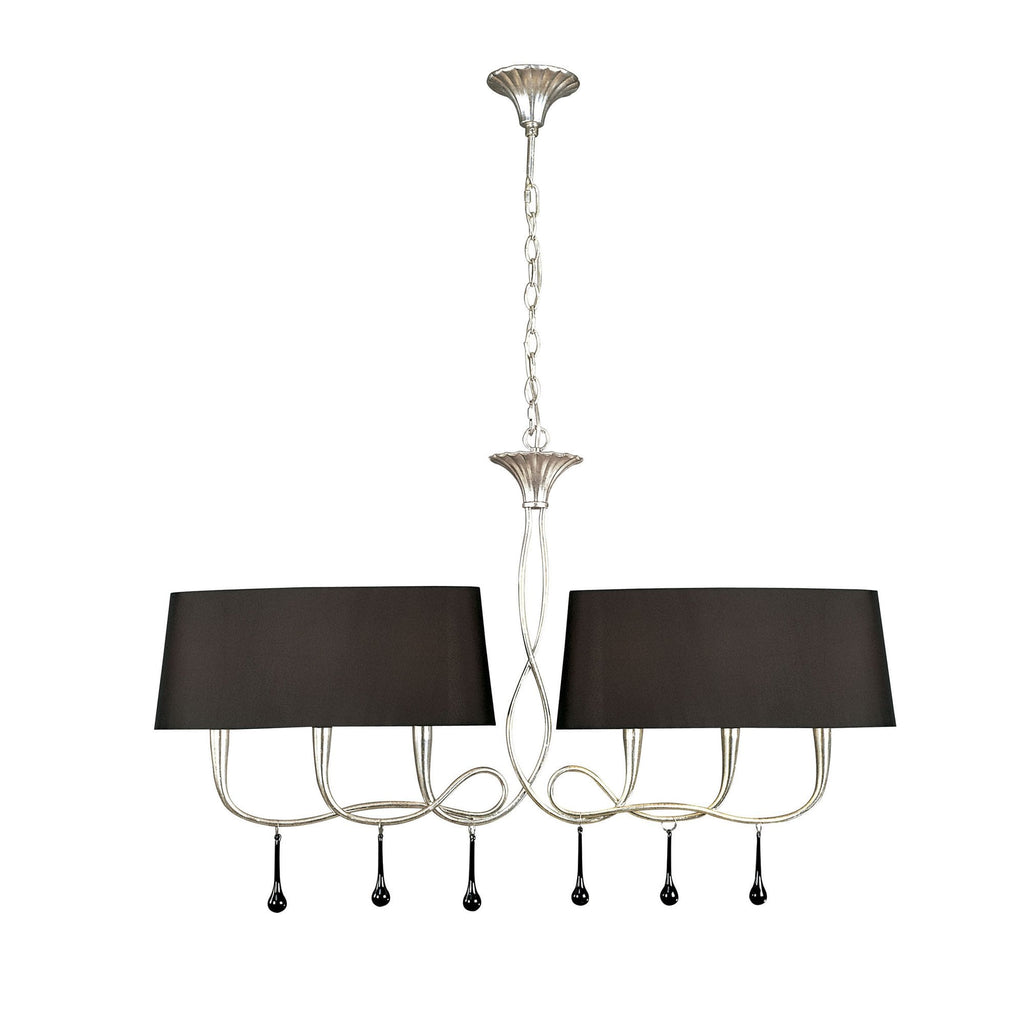 M0531 Paola Linear Pendant 2 Arm 6 Light E14 Silver Painted Black Shades & Black Glass Droplets
