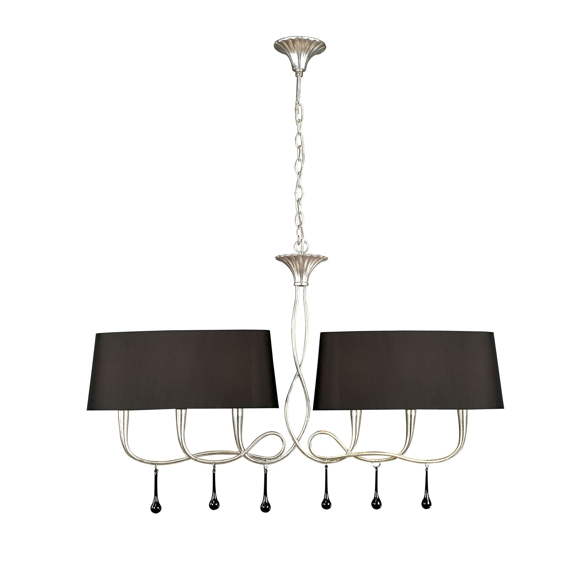 M0531 Paola Linear Pendant 2 Arm 6 Light E14 Silver Painted Black Shades & Black Glass Droplets