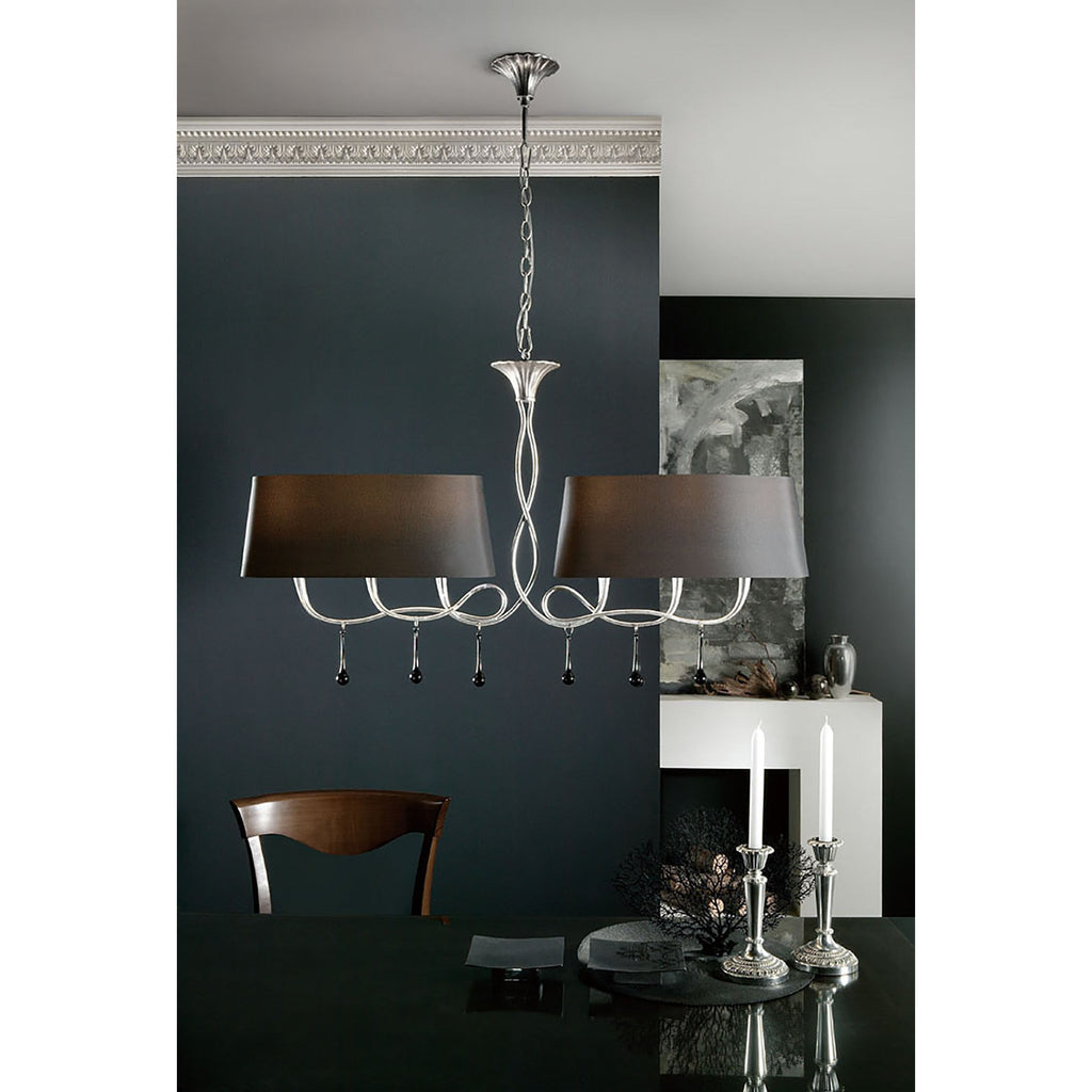 M0531 Paola Linear Pendant 2 Arm 6 Light E14 Silver Painted Black Shades & Black Glass Droplets