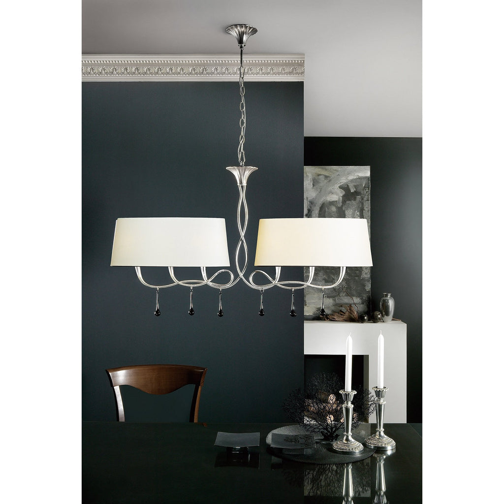 M0531 Paola Linear Pendant 2 Arm 6 Light E14 Silver Painted Black Shades & Black Glass Droplets