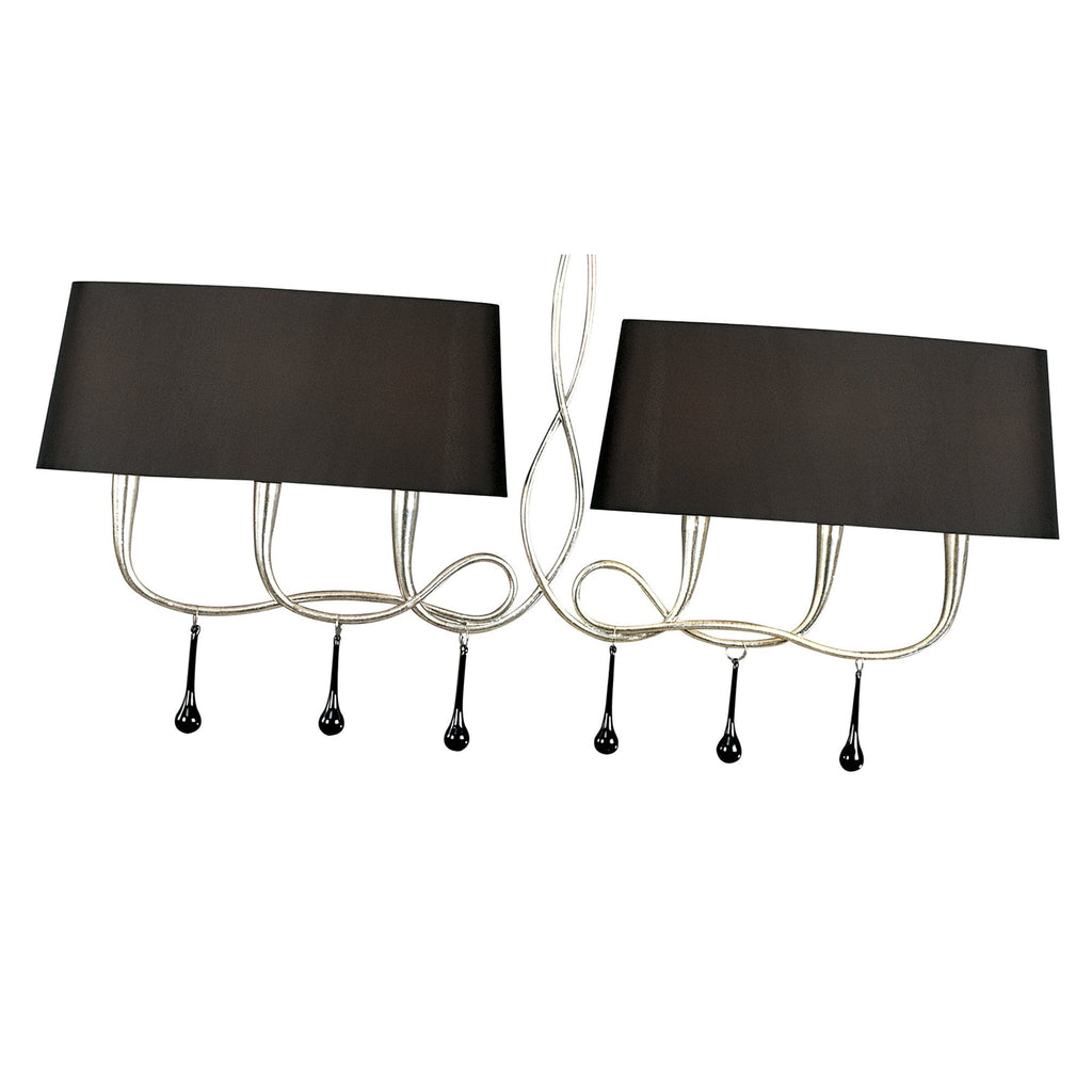 M0531 Paola Linear Pendant 2 Arm 6 Light E14 Silver Painted Black Shades & Black Glass Droplets