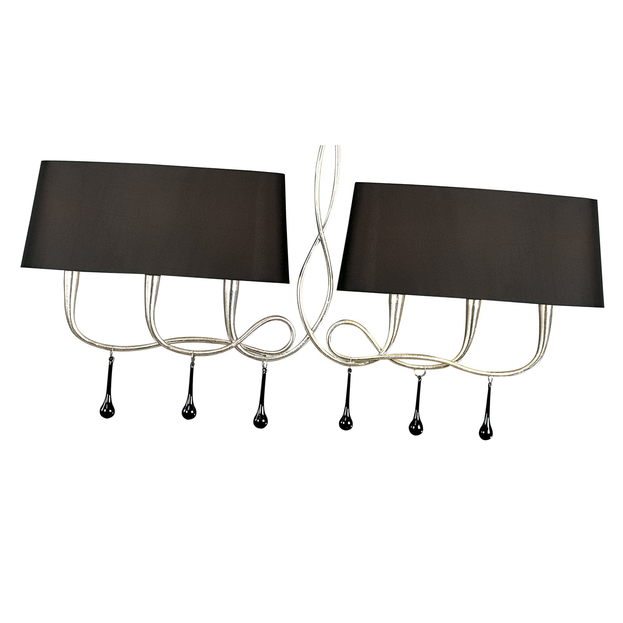M0531 Paola Linear Pendant 2 Arm 6 Light E14 Silver Painted Black Shades & Black Glass Droplets