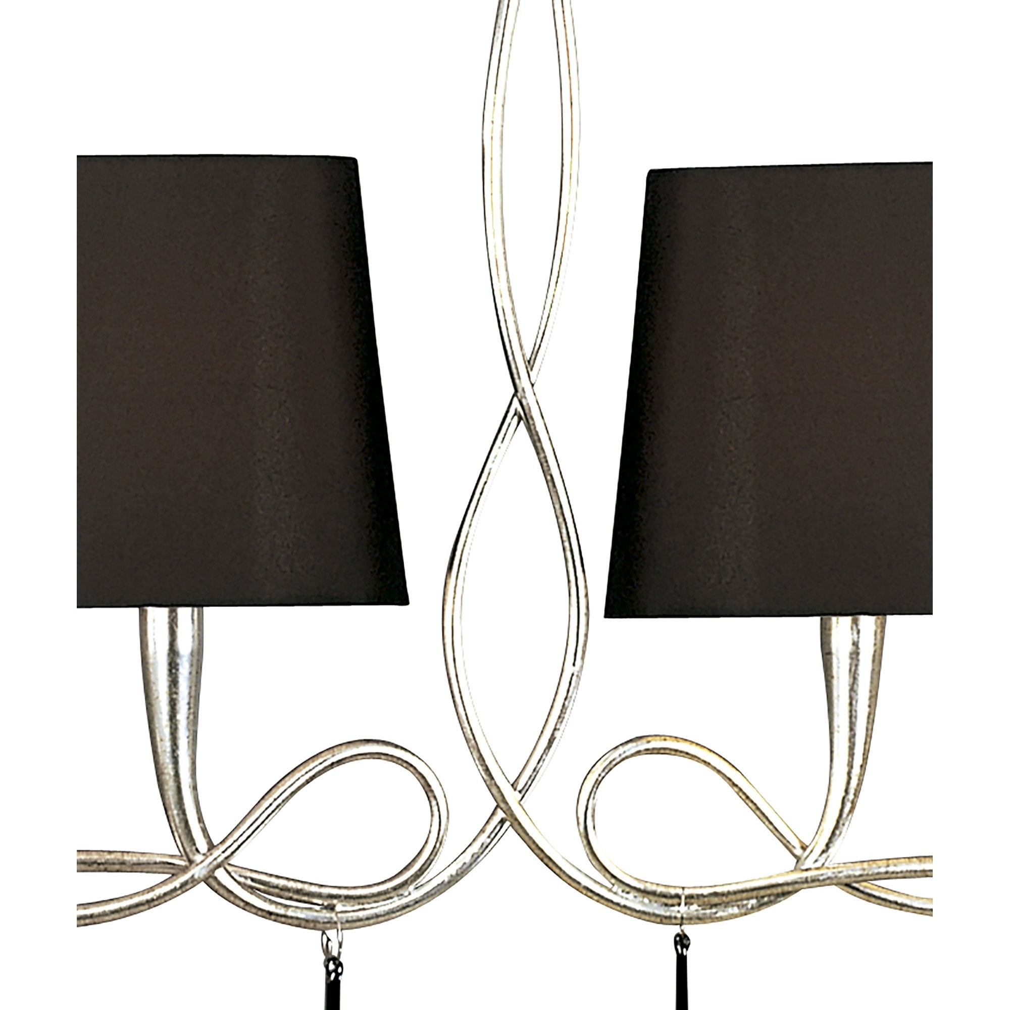 M0531 Paola Linear Pendant 2 Arm 6 Light E14 Silver Painted Black Shades & Black Glass Droplets