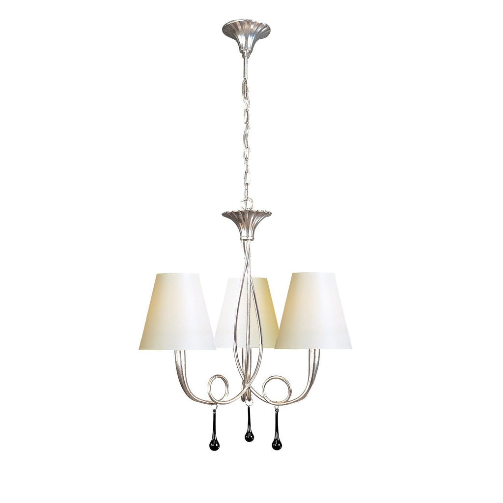 M0532/CS Paola Pendant 3 Light E14 Silver Painted Cream Shades & Black Glass Droplets