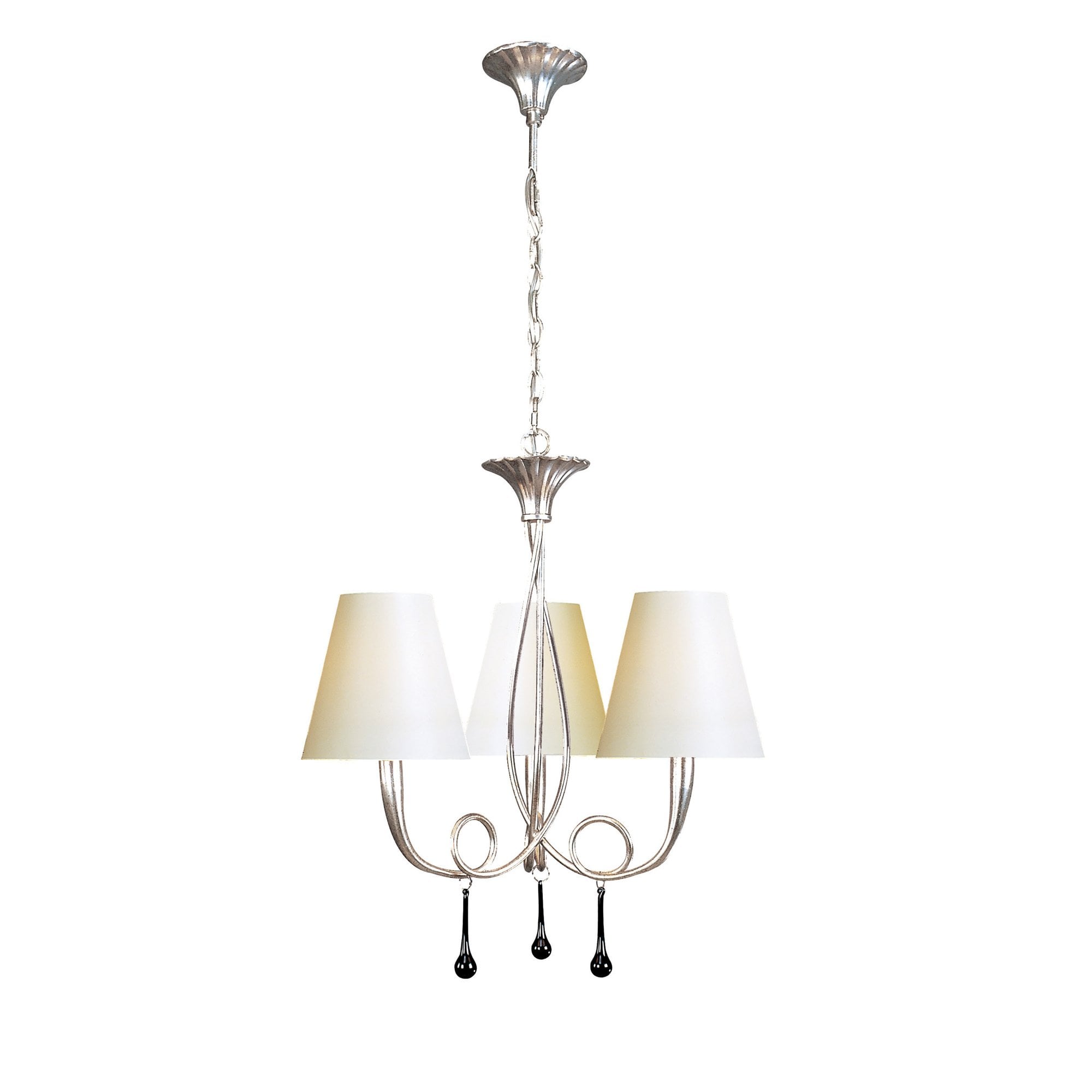 M0532/CS Paola Pendant 3 Light E14 Silver Painted Cream Shades & Black Glass Droplets