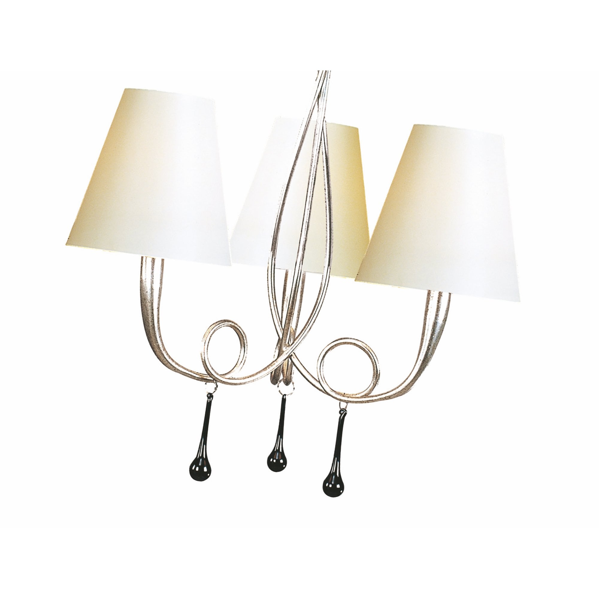 M0532/CS Paola Pendant 3 Light E14 Silver Painted Cream Shades & Black Glass Droplets
