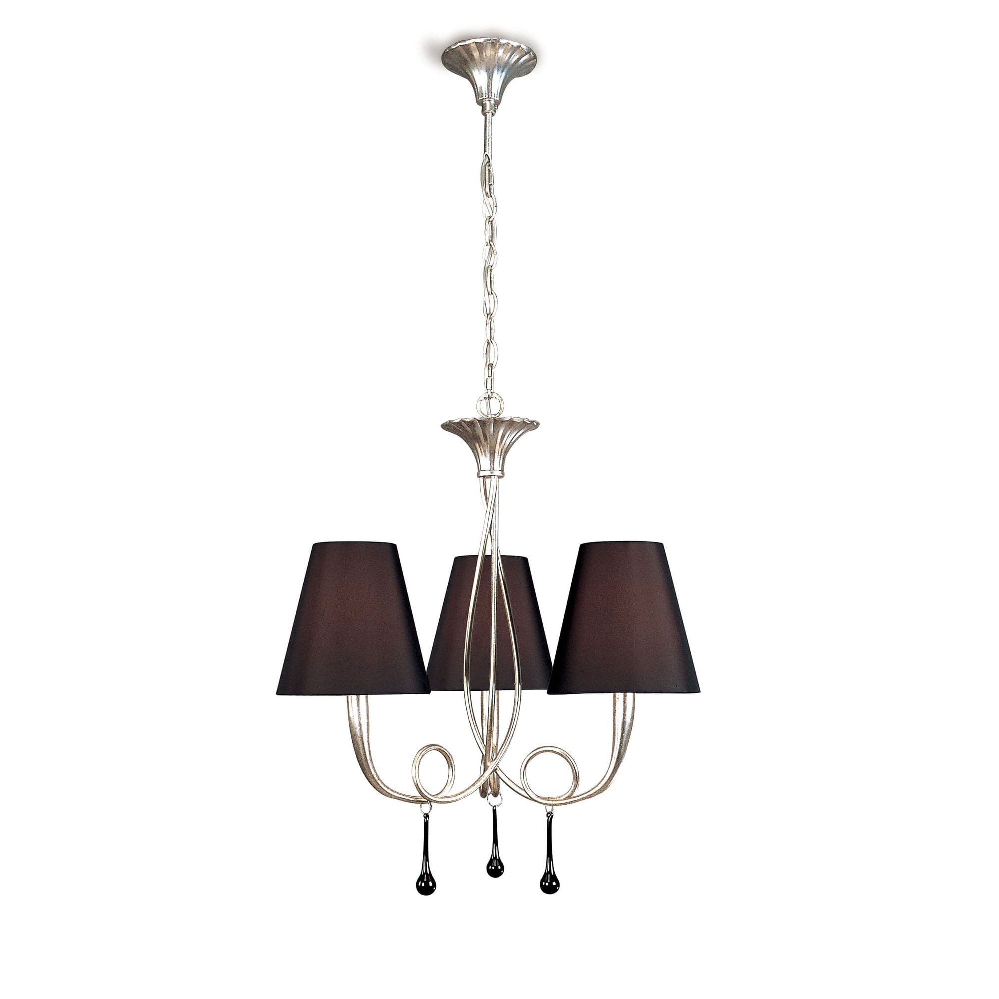 M0532 Paola Pendant 3 Light E14 Silver Painted Black Shades & Black Glass Droplets