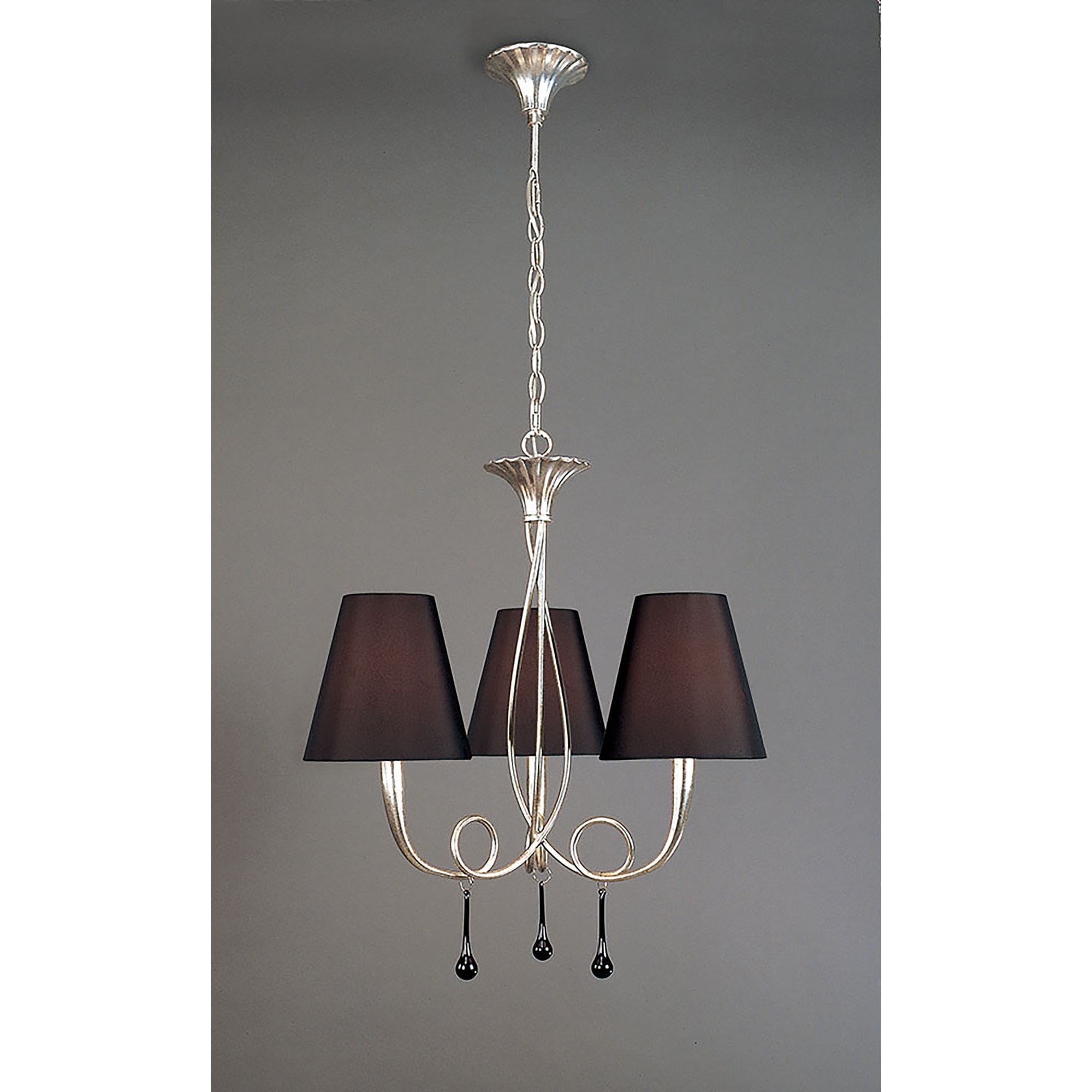 M0532 Paola Pendant 3 Light E14 Silver Painted Black Shades & Black Glass Droplets