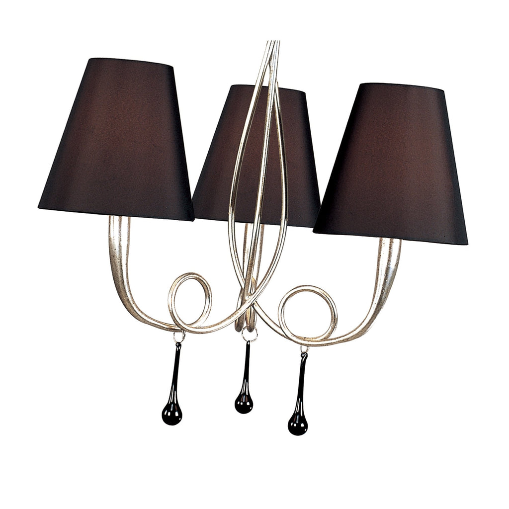 M0532 Paola Pendant 3 Light E14 Silver Painted Black Shades & Black Glass Droplets