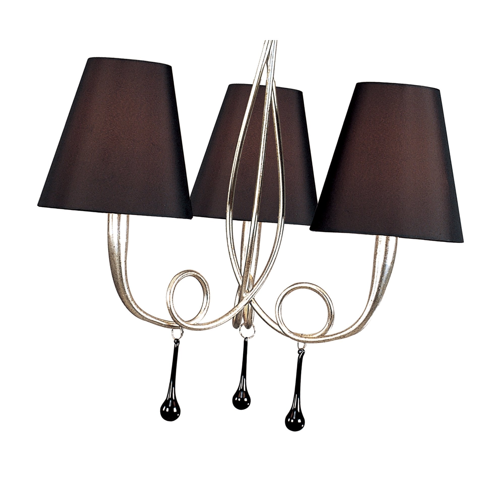 M0532 Paola Pendant 3 Light E14 Silver Painted Black Shades & Black Glass Droplets
