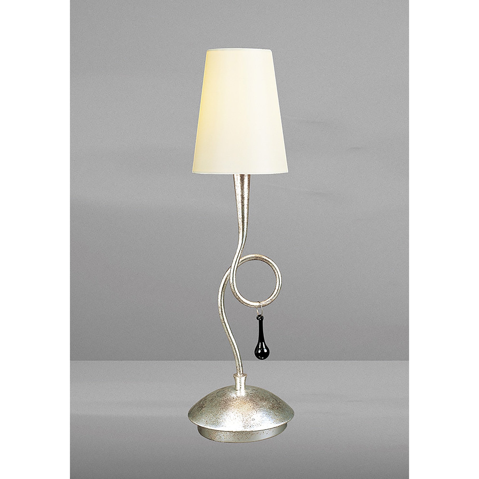 M0535/CS Paola Table Lamp 1 Light E14 Silver Painted Cream Shade & Black Glass Droplets
