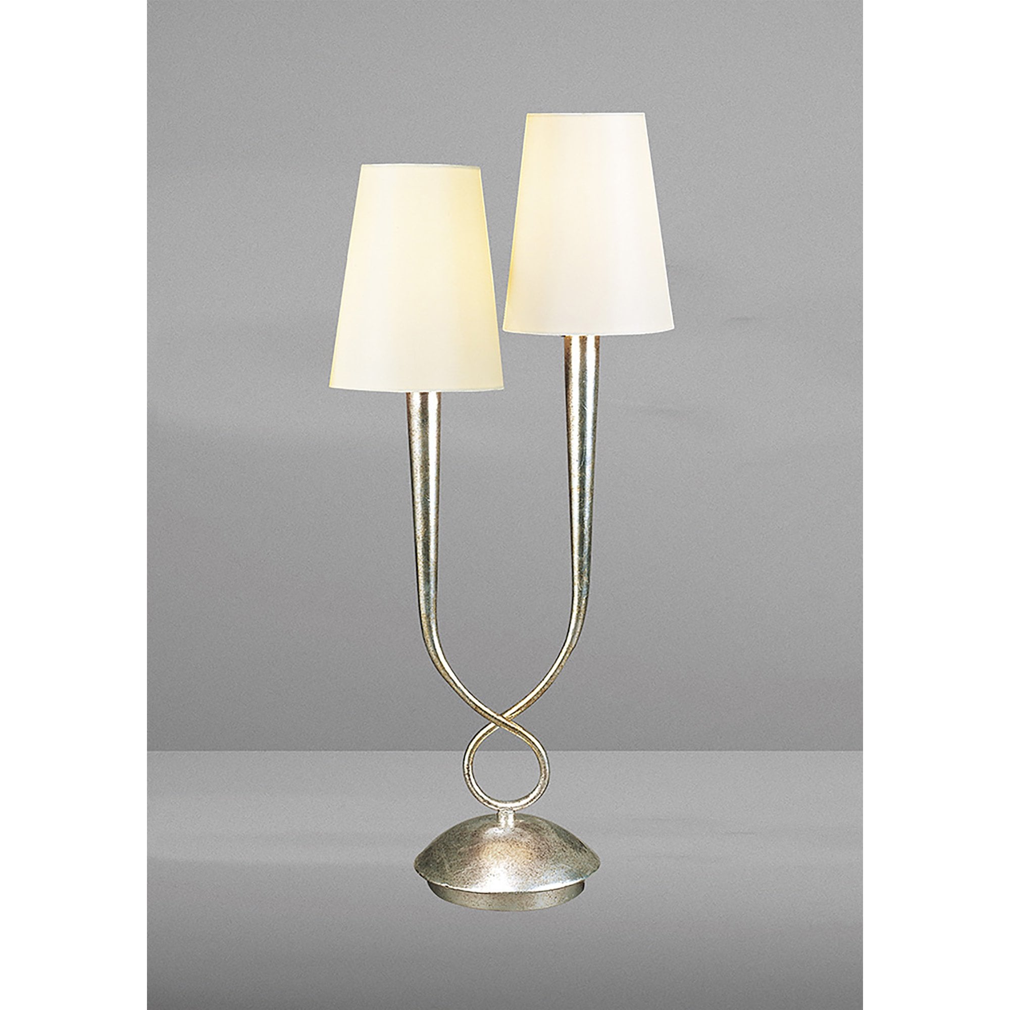 M0536/CS Paola Table Lamp 2 Light E14 Silver Painted Cream Shades
