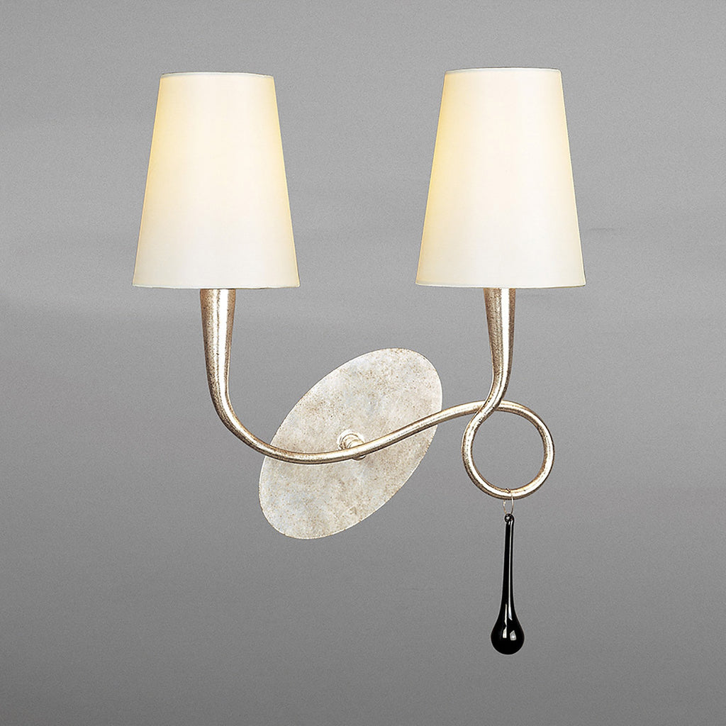 M0537/S/CS Paola Wall Lamp Switched 2 Light E14 Silver Painted Cream Shades & Black Glass Droplets