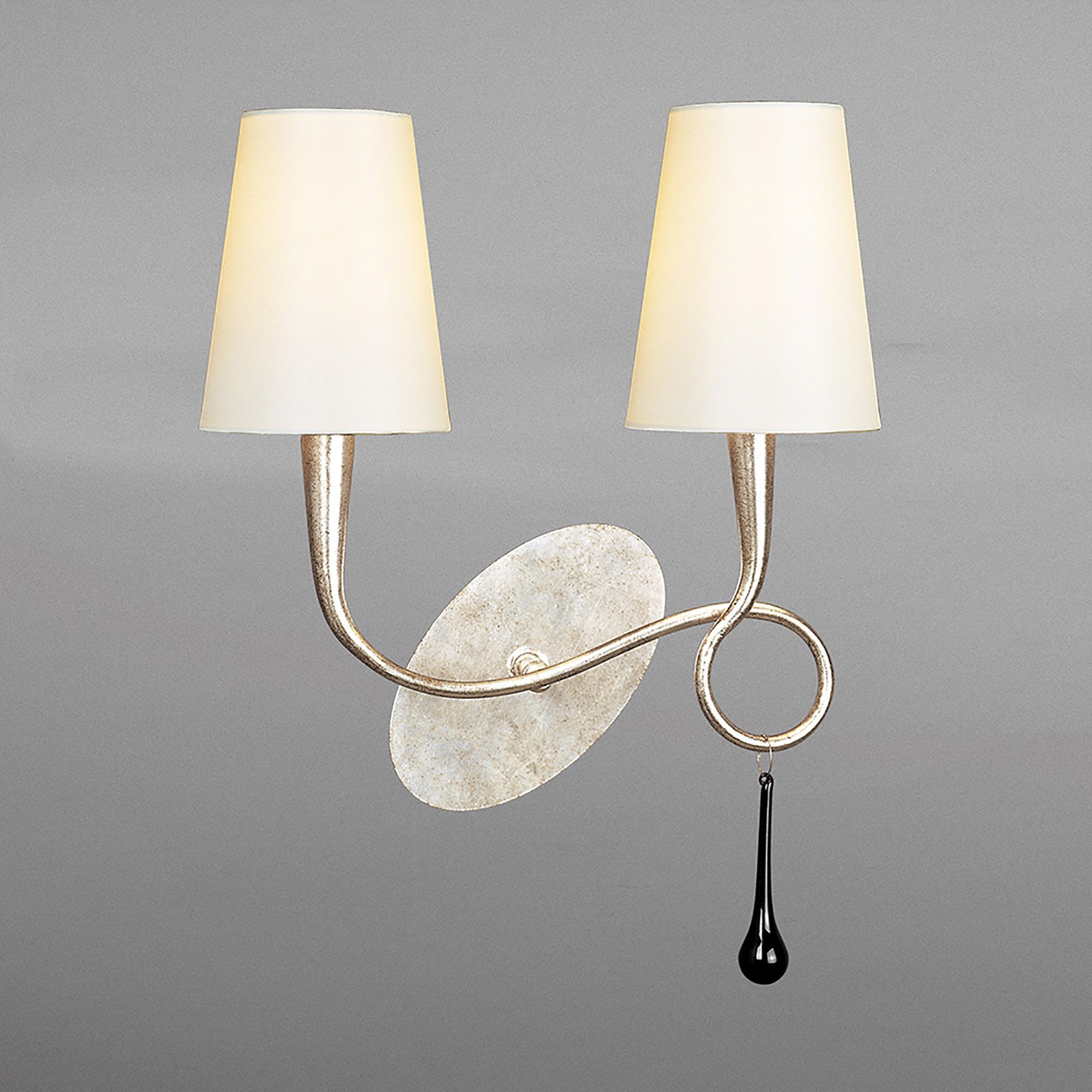 M0537/S/CS Paola Wall Lamp Switched 2 Light E14 Silver Painted Cream Shades & Black Glass Droplets