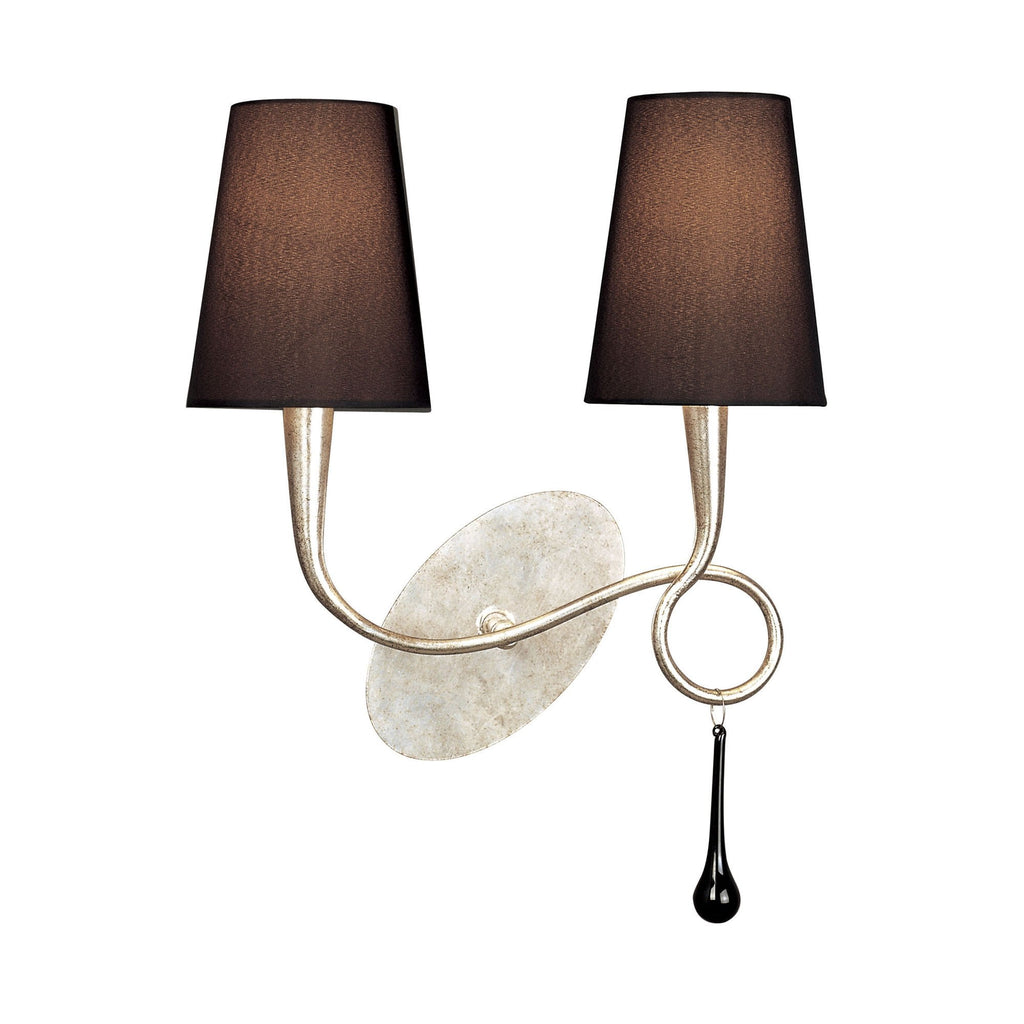 M0537/S Paola Wall Lamp Switched 2 Light E14 Silver Painted Black Shades & Black Glass Droplets