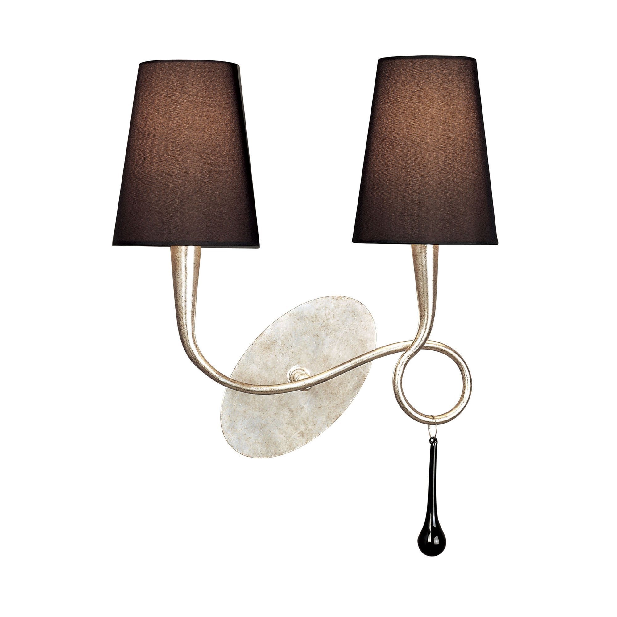 M0537/S Paola Wall Lamp Switched 2 Light E14 Silver Painted Black Shades & Black Glass Droplets (S)