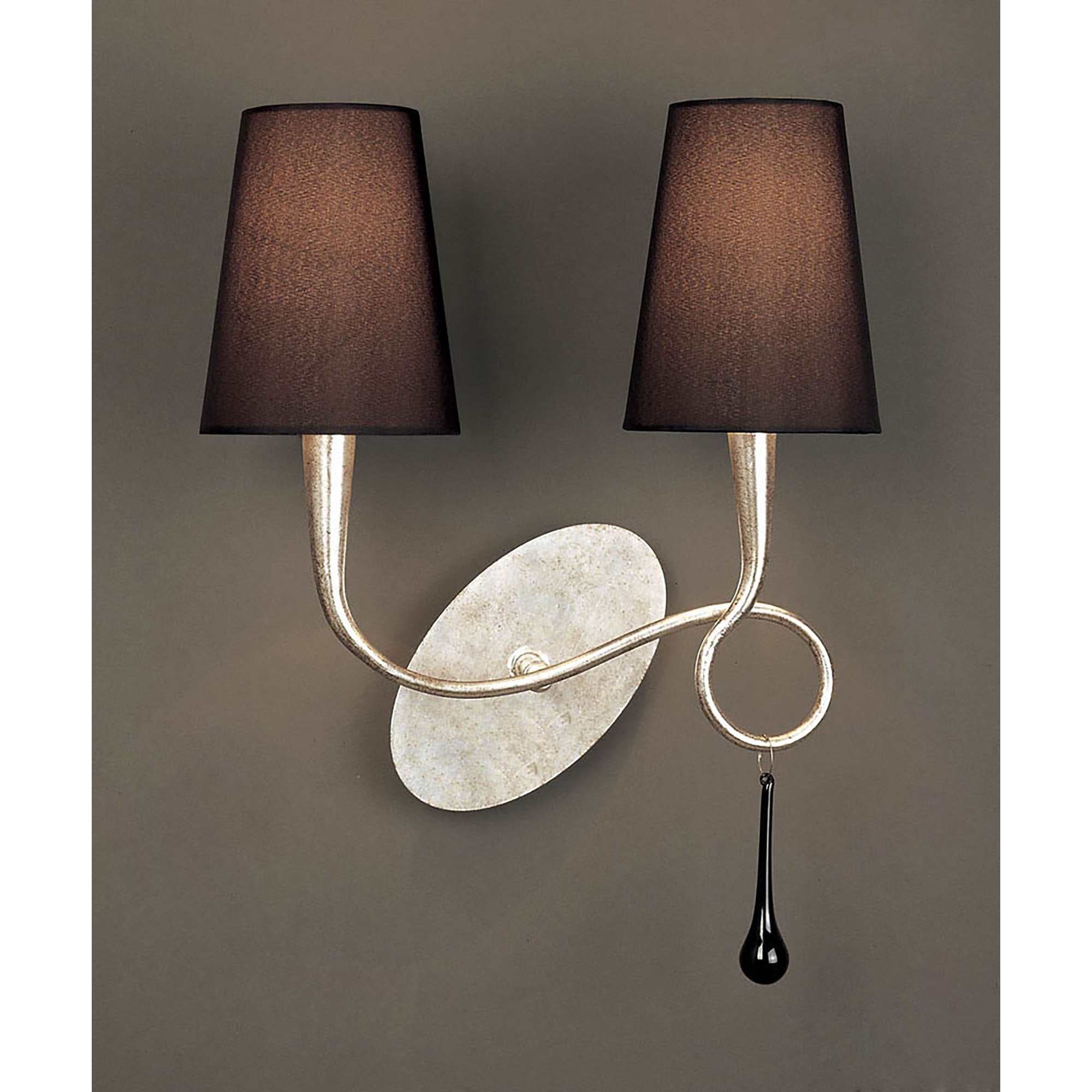 M0537/S Paola Wall Lamp Switched 2 Light E14 Silver Painted Black Shades & Black Glass Droplets