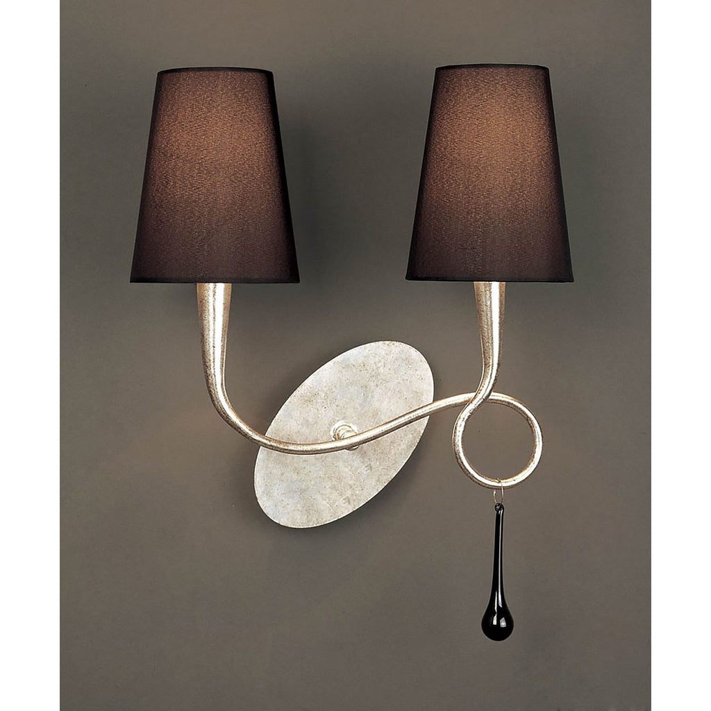 M0537/S Paola Wall Lamp Switched 2 Light E14 Silver Painted Black Shades & Black Glass Droplets (S)