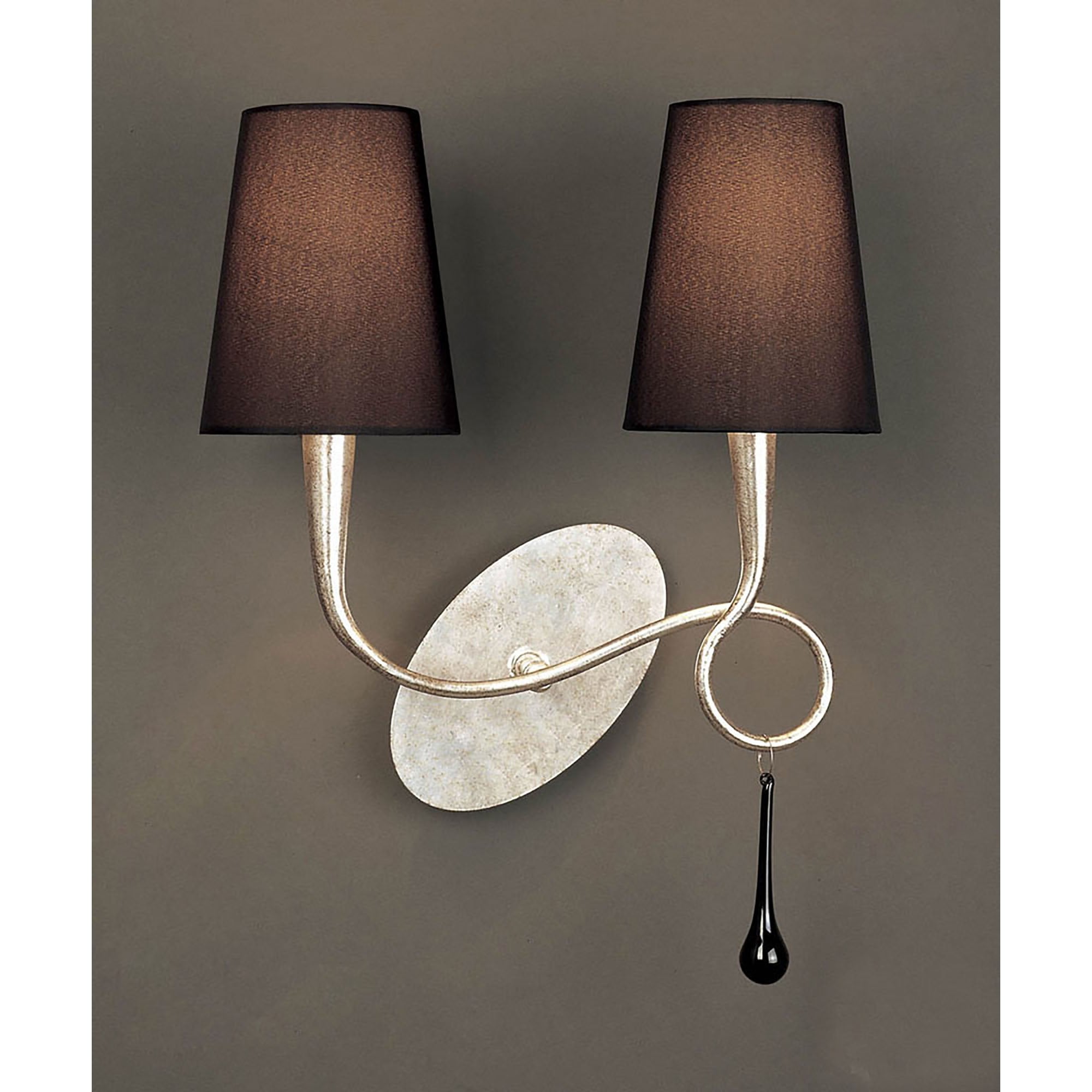 M0537 Paola Wall Lamp 2 Light E14 Silver Painted Black Shades & Black Glass Droplets