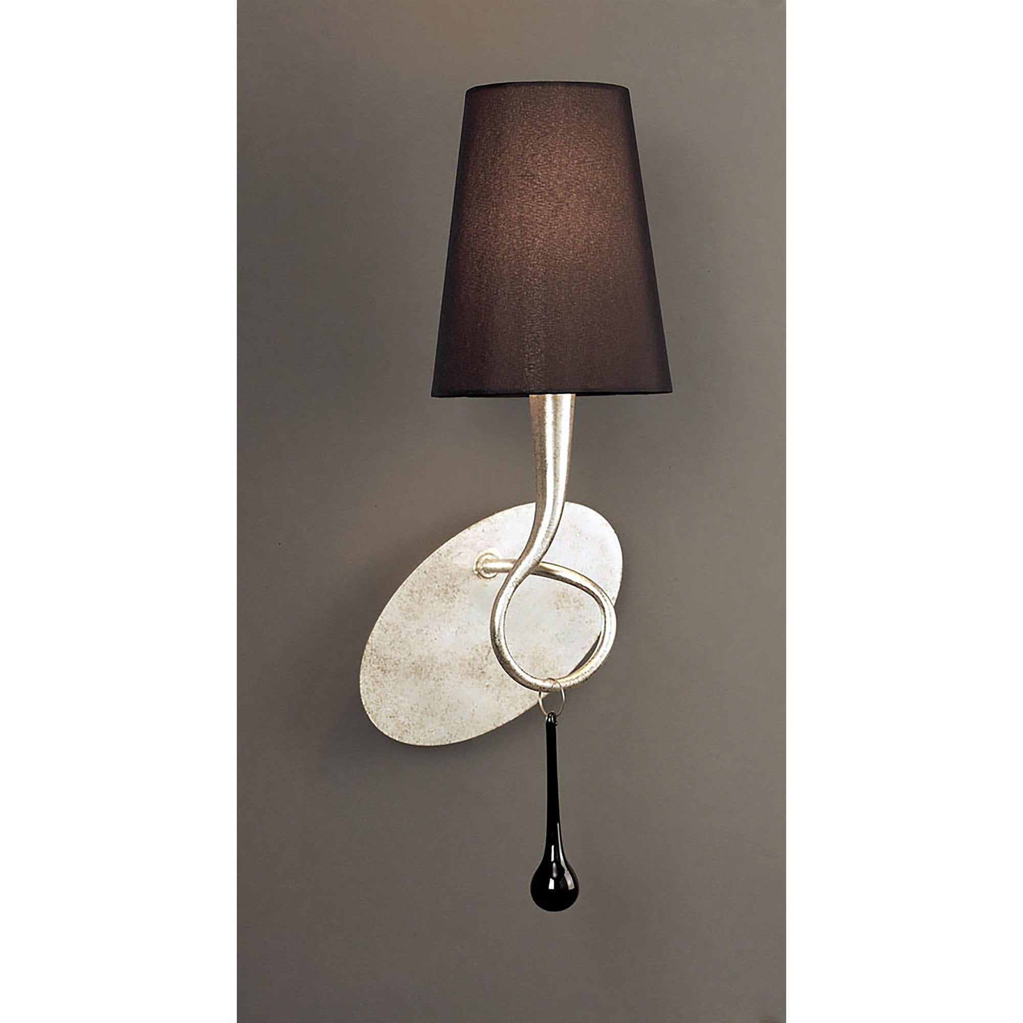 M0538/S Paola Wall Lamp Switched 1 Light E14 Silver Painted Black Shade & Black Glass Droplets