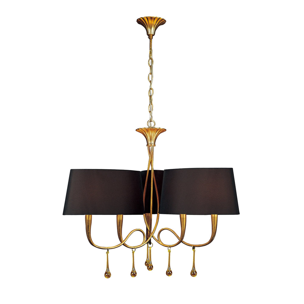 M0540/BS Paola Pendant 3 Arm 6 Light E14 Gold Painted Black Shades & Amber Glass Droplets