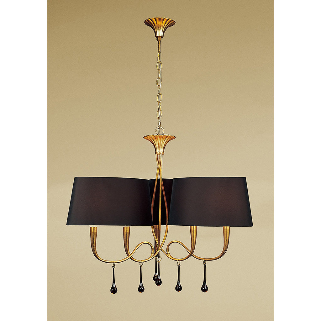 M0540/BS Paola Pendant 3 Arm 6 Light E14 Gold Painted Black Shades & Amber Glass Droplets