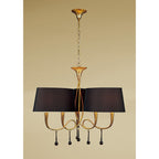 M0540/BS Paola Pendant 3 Arm 6 Light E14 Gold Painted Black Shades & Amber Glass Droplets