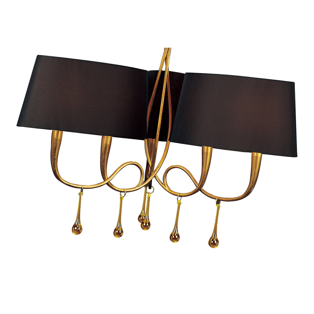 M0540/BS Paola Pendant 3 Arm 6 Light E14 Gold Painted Black Shades & Amber Glass Droplets