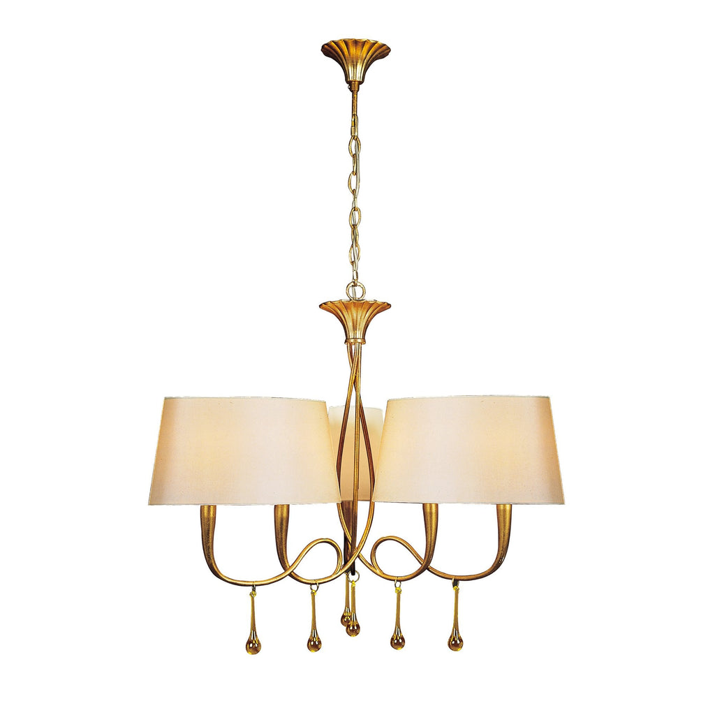 M0540 Paola Pendant 3 Arm 6 Light E14 Gold Painted Cream Shades & Amber Glass Droplets