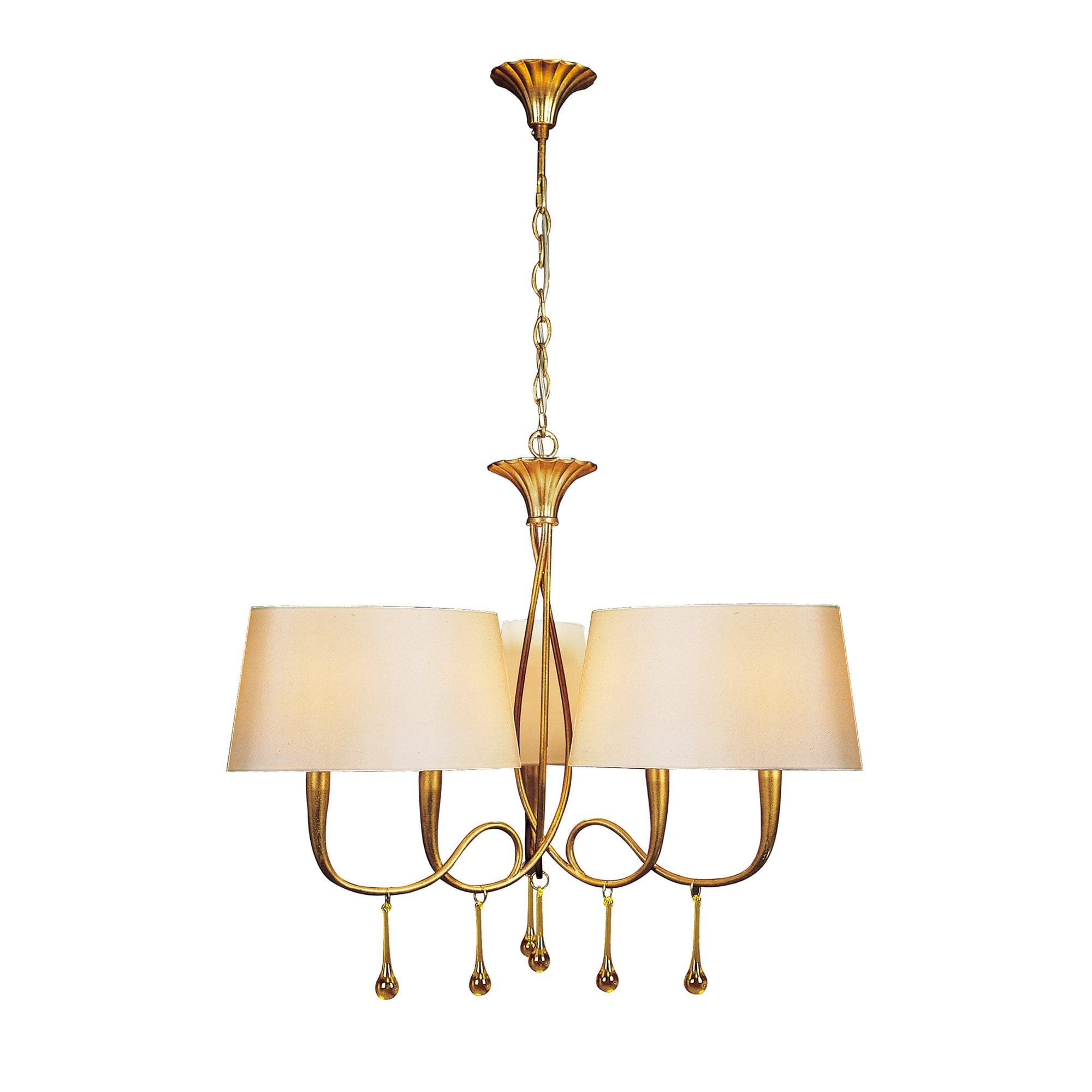 M0540 Paola Pendant 3 Arm 6 Light E14 Gold Painted Cream Shades & Amber Glass Droplets