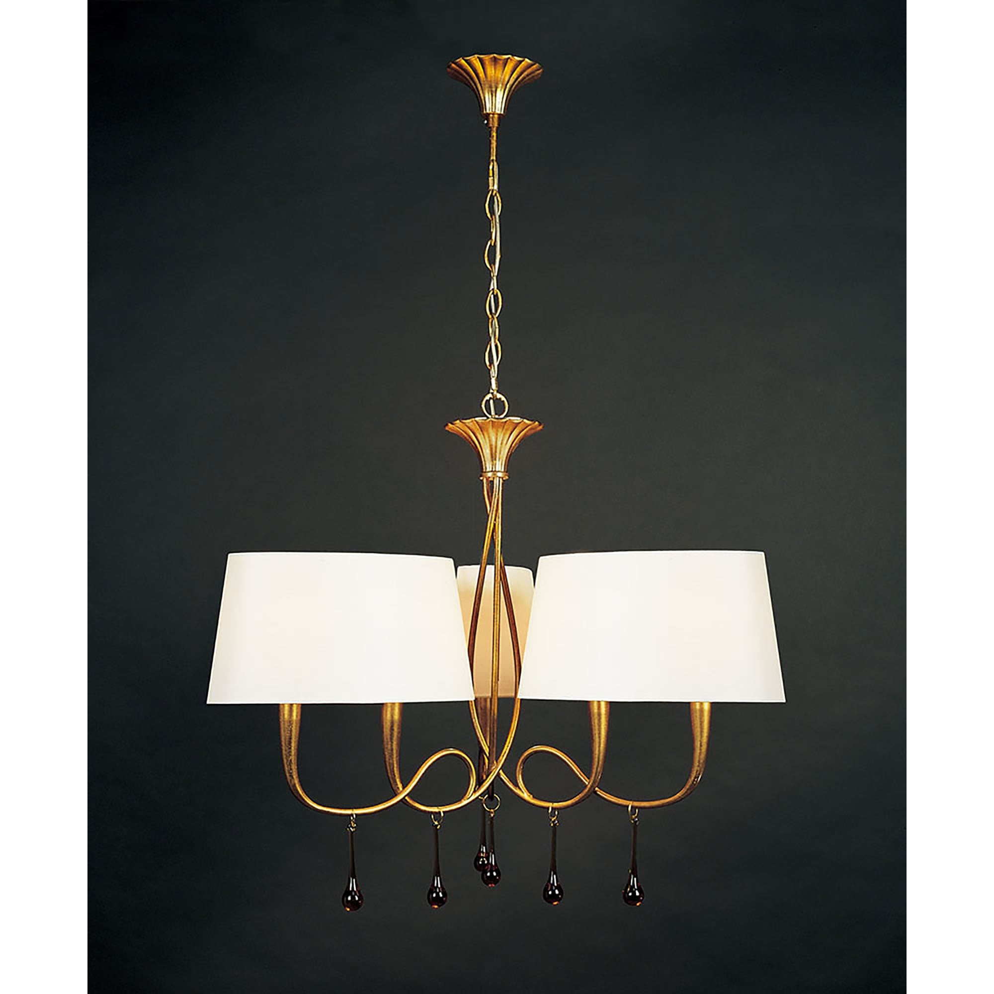M0540 Paola Pendant 3 Arm 6 Light E14 Gold Painted Cream Shades & Amber Glass Droplets