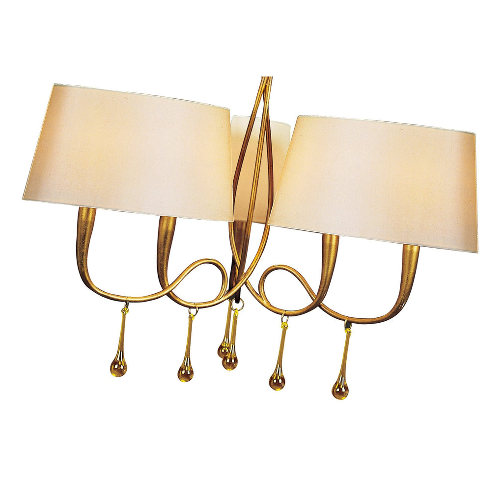 M0540 Paola Pendant 3 Arm 6 Light E14 Gold Painted Cream Shades & Amber Glass Droplets